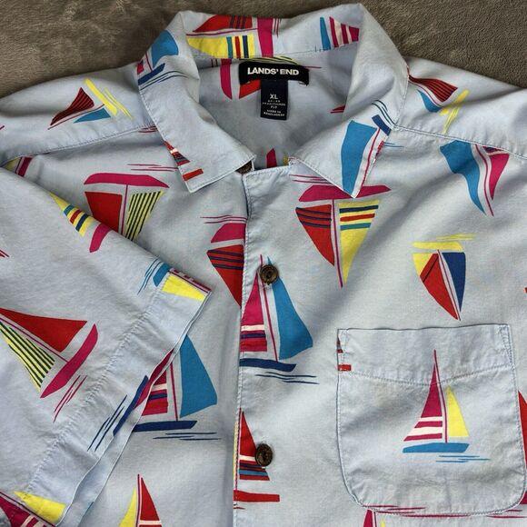 Lands End Shirt Mens XL 46-48 Sail Boats Nautical Blue‎ Button Up Short Sleeve - Picture 1 of 12